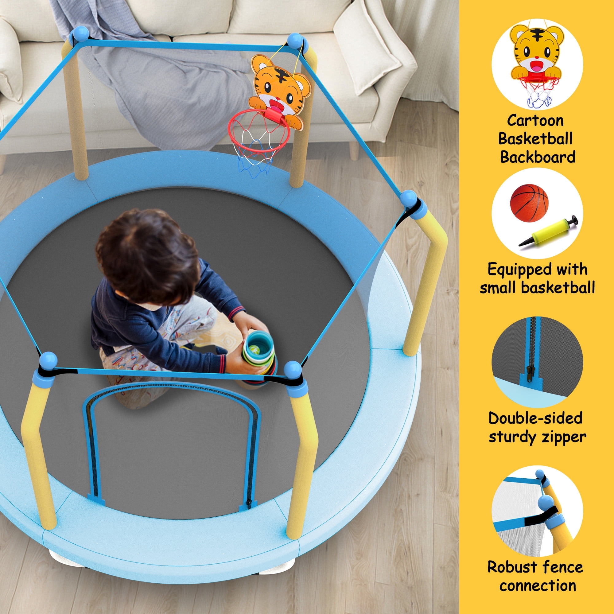 LIZEVINC 55 Inch Outdoor Toddler Trampoline with Enclosure Net, Mini Round Trampoline for Kids with Basketball, Small Trampoline Gifts for Boy and Girls,Blue Forest