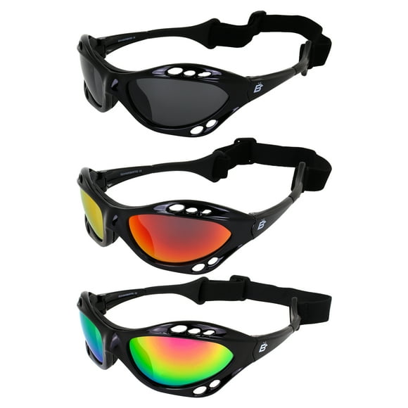 3 Pairs Birdz Seahawk Padded Floating Polarized Sunglasses w/Strap Water Sports Surfing Kayaking Black Frame w/Smoke Red & Pink Mirror Lenses