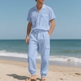 thumbnail image 2 of Hinvhai Men 2 Piece Linen Set Outfits Drawstring Long Pants Button Down Roll Up Sleeve Shirts Beach Wedding Suit Sets Light Blue S(S), 2 of 9