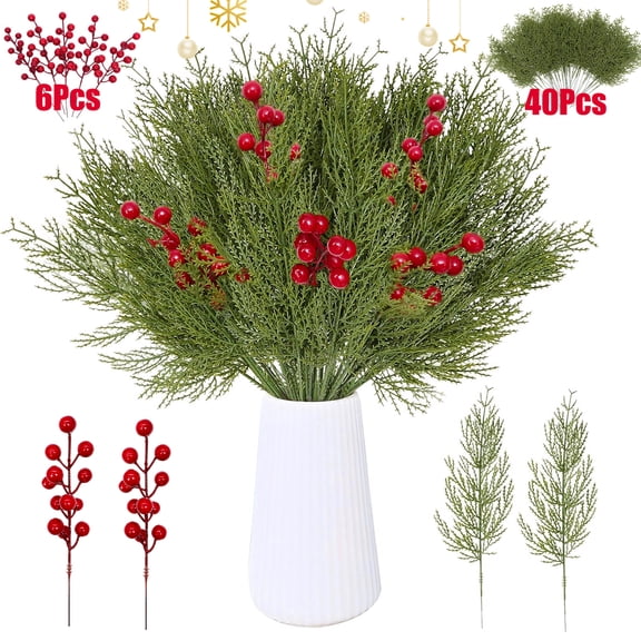 46 PCS Artificial Pine Branches Christmas Faux Pine Greenery Stems Red Holly Berries Fake Cedar Pine Needles Picks for Christmas Tree Wreath Garland DIY Crafts Holiday Home Decoration