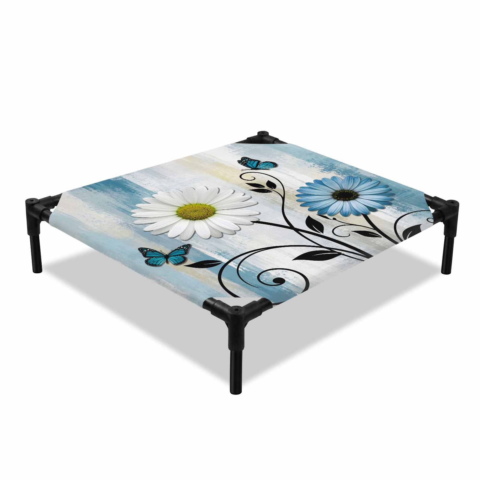 White Blue Daisy Elevated Dog Bed Rustic Farmhouse Floral Butterfly Wood Grain Cooling Breathable Outdoor Raised Dog Cot Bed with Metal Frame Non-Slip Feet for Small Dog 20x20in