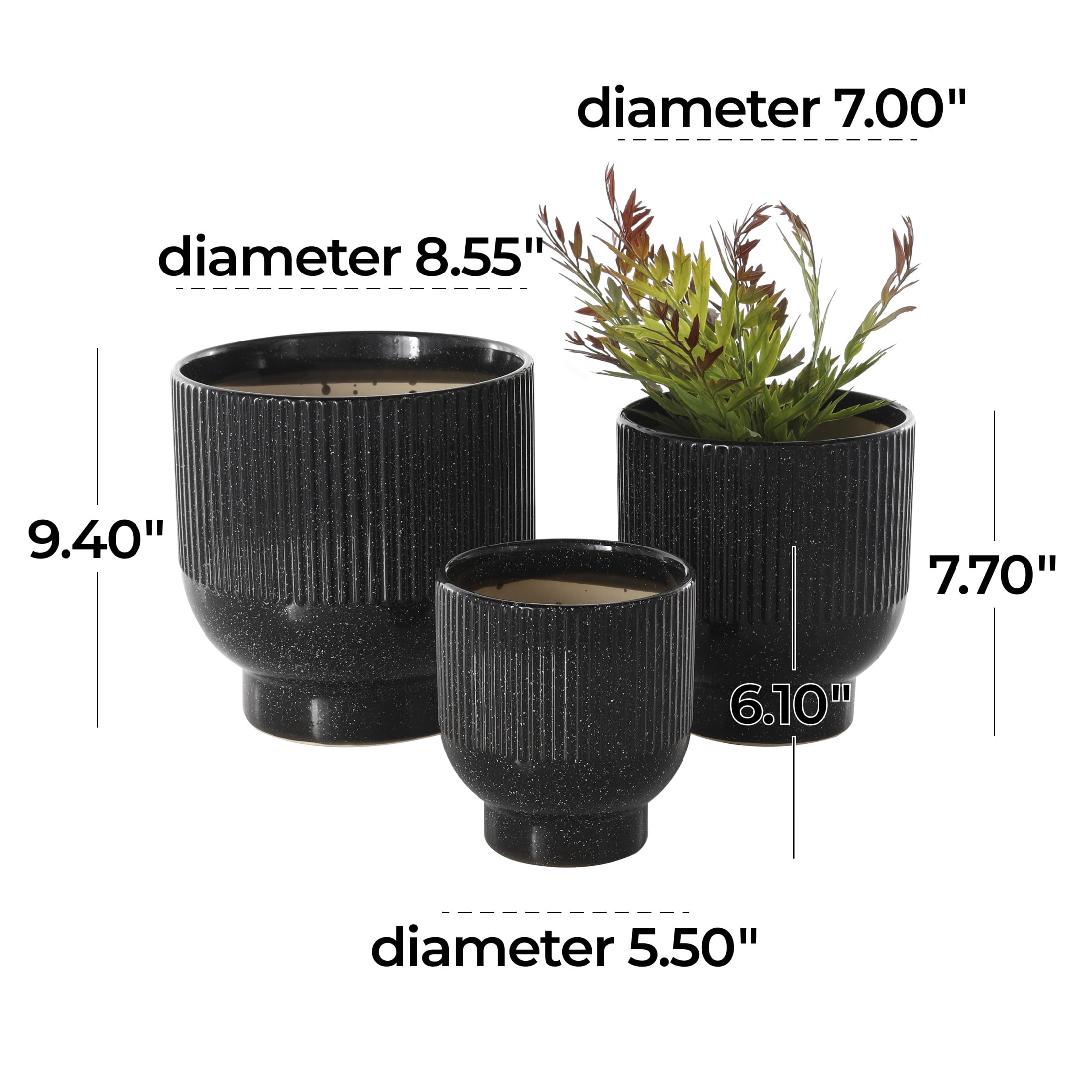 DecMode 9", 8", 6"H Speckled Black Ceramic Planter with Linear Grooves and Tapered Bases (3 Count)