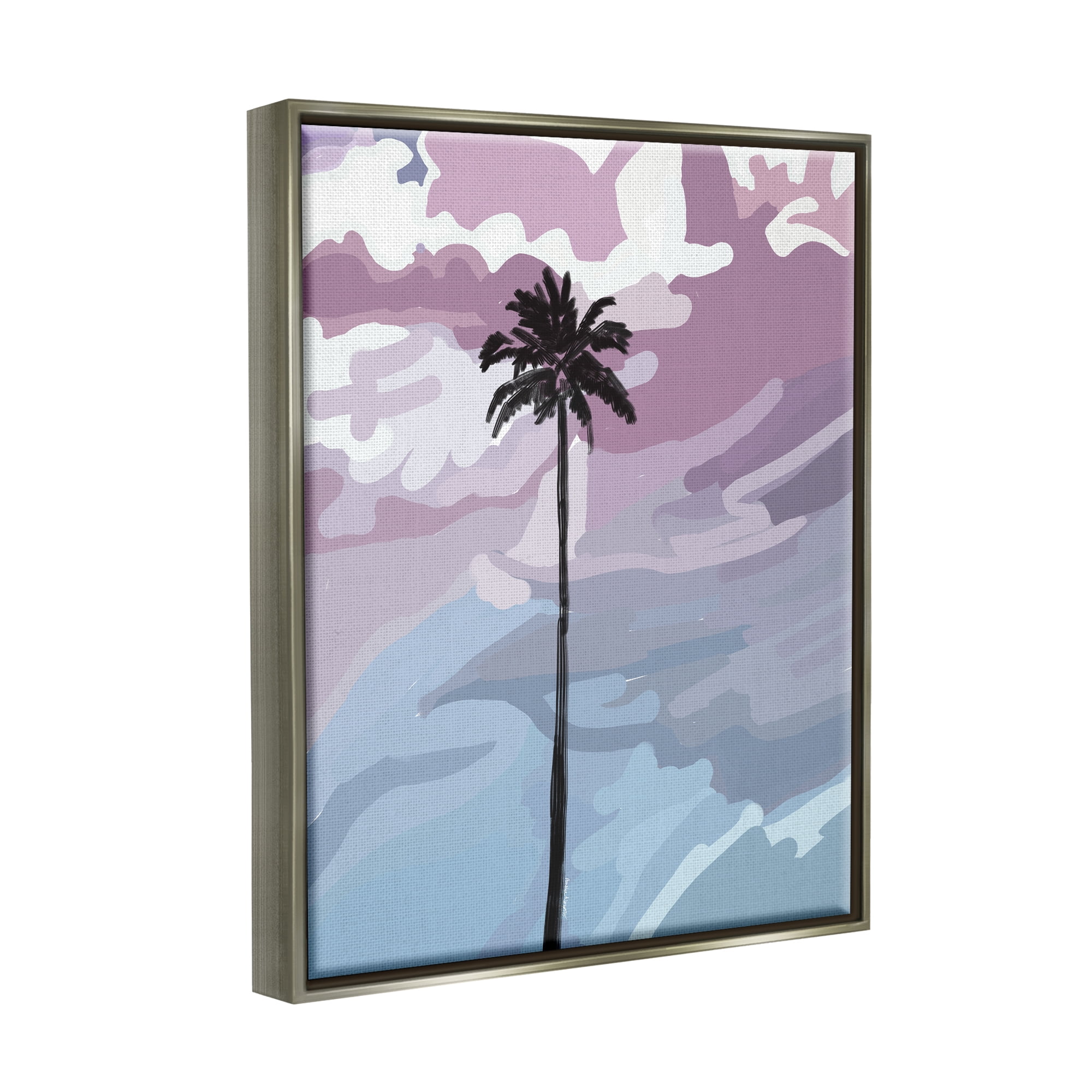 Stupell Industries Purple Sunset Tropical Palm Coastal Painting Gray Floater Framed Art Print Wall Art