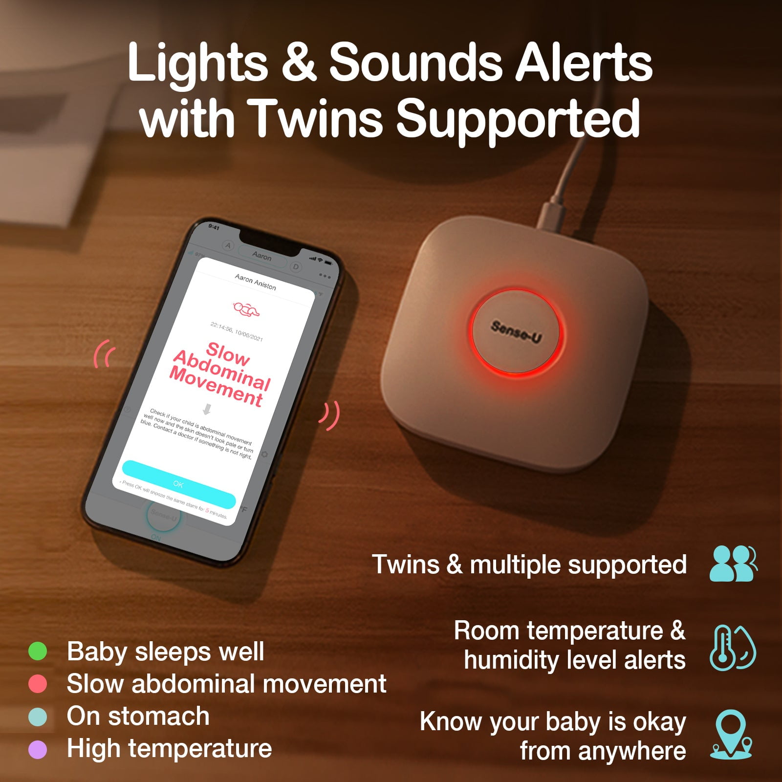 Sense-U Smart Baby Abdominal Movement Monitor - Tracks Baby's Abdominal Movement, Temperature, Rollover, Sleeping Position and Humidity on Smartphone and Base Station - Anytime, Anywhere, Pink