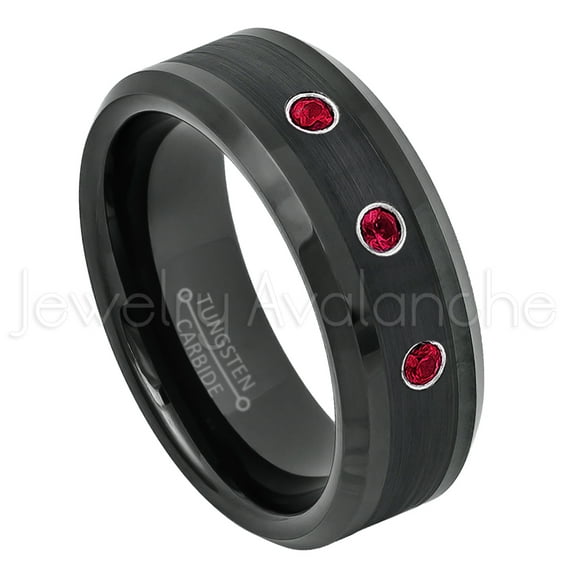 Black Tungsten Ring Beveled Edge - 0.21ctw Ruby 3-stone Band - Personalized Tungsten Wedding Ring - Custom Made July Birthstone Ring TN663BS