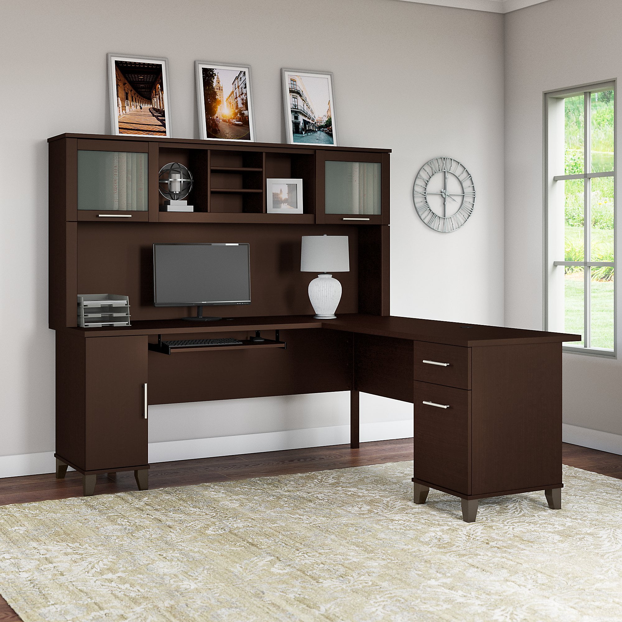 Bush Furniture Somerset 72" L Desk and Hutch with Storage, Mocha Cherry