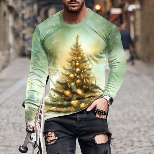 Blusas y camisas de manga larga con cuello redondo para hombre Blusa de manga larga con cuello redondo y estampado navideño para hombre Blusa de poliéster para hombre