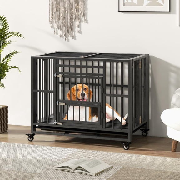 Foldable Heavy Duty Metal Dog Cage Chew Proof Dog Crate with Lockable Universal Wheels