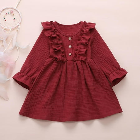 

KONBECA Toddler Girl Outfits Princess Dresses Baby Girls Fall Ruffles Long Sleeve Vintage Solid Casual Dress Cotton Dresses Red (1-2 Years)