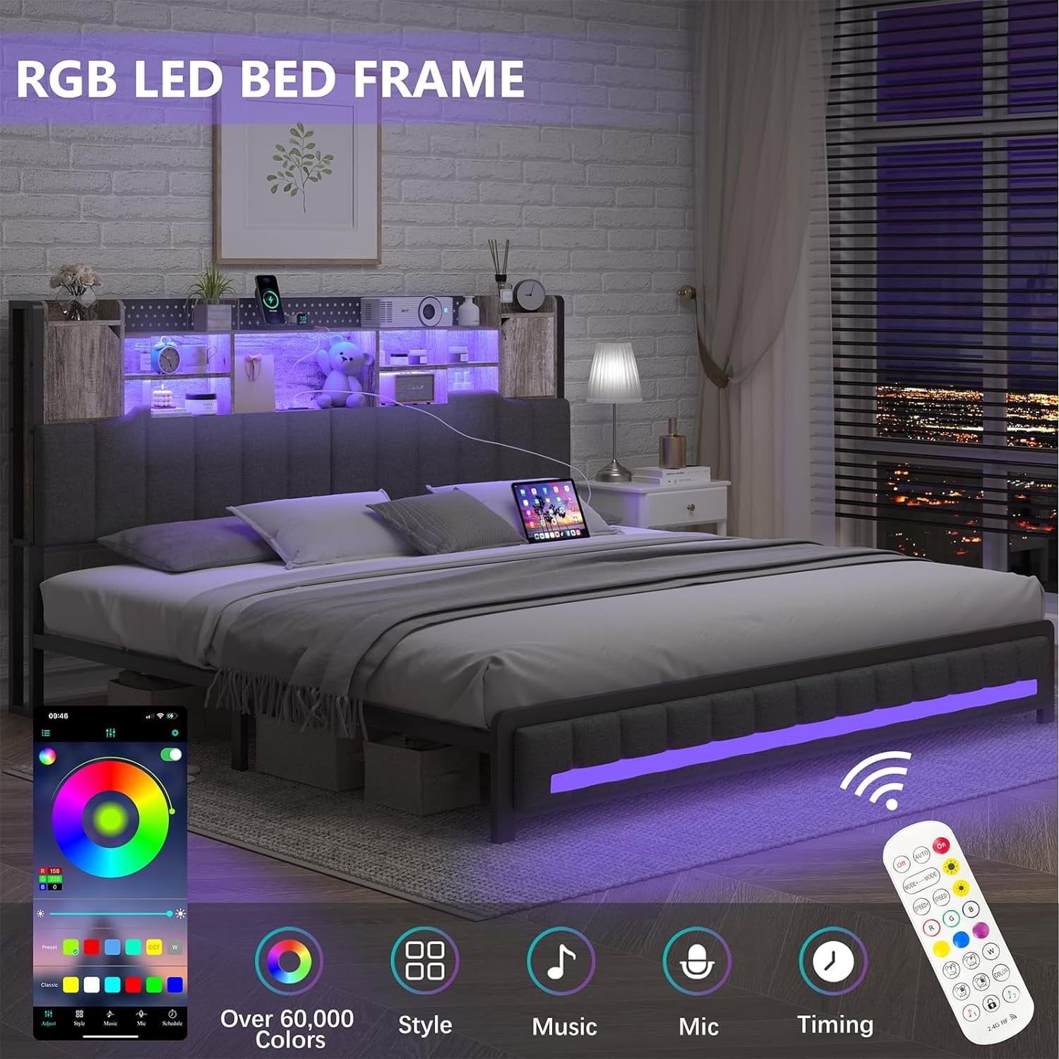King Size Bed Frame and Bookcase Storage Headboard, LED Upholstered Bed Frame King with Charging Station, Light up King Size Platform Metal Bed Frame, No Box Spring Needed, Charcoal Gray
