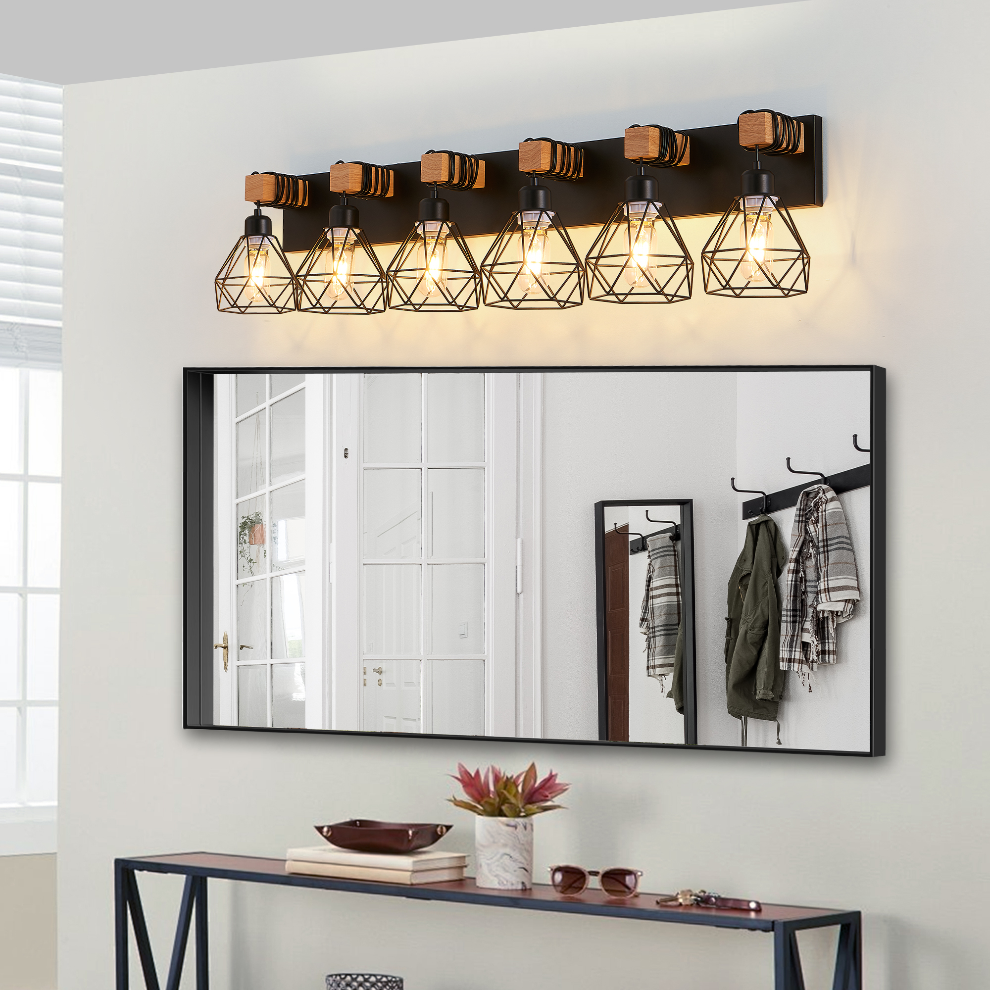 Leumius Modern Geometric 6-Light Vanity Light Fixture with Black Metal, Wooden Accents and Cage Lampshade for Bathroom, Bedroom, or Living Room (Bulb Not Included)