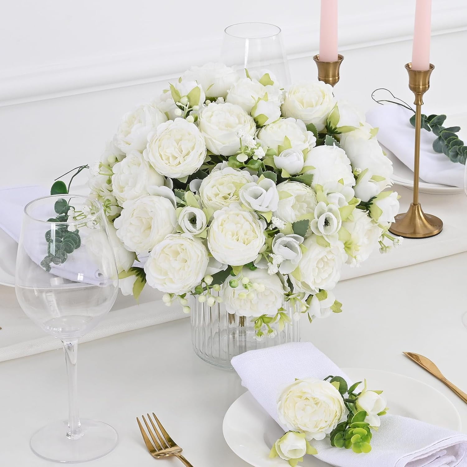 Peonies Artificial Flowers, White Artificial Peonies, Silk Peonies Flowers Fake Peonies Artificial Flowers Peonies Bouquet for Centerpiece Table Wedding Party Home Decor