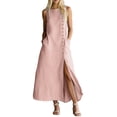 thumbnail image 2 of Guieoi Summer Dresses for Women under $10 Plus Size Decorative Button Cotton-Linen Loose-Fit Sleeveless Slit Hem Maxi Dress Pink XL, 2 of 7