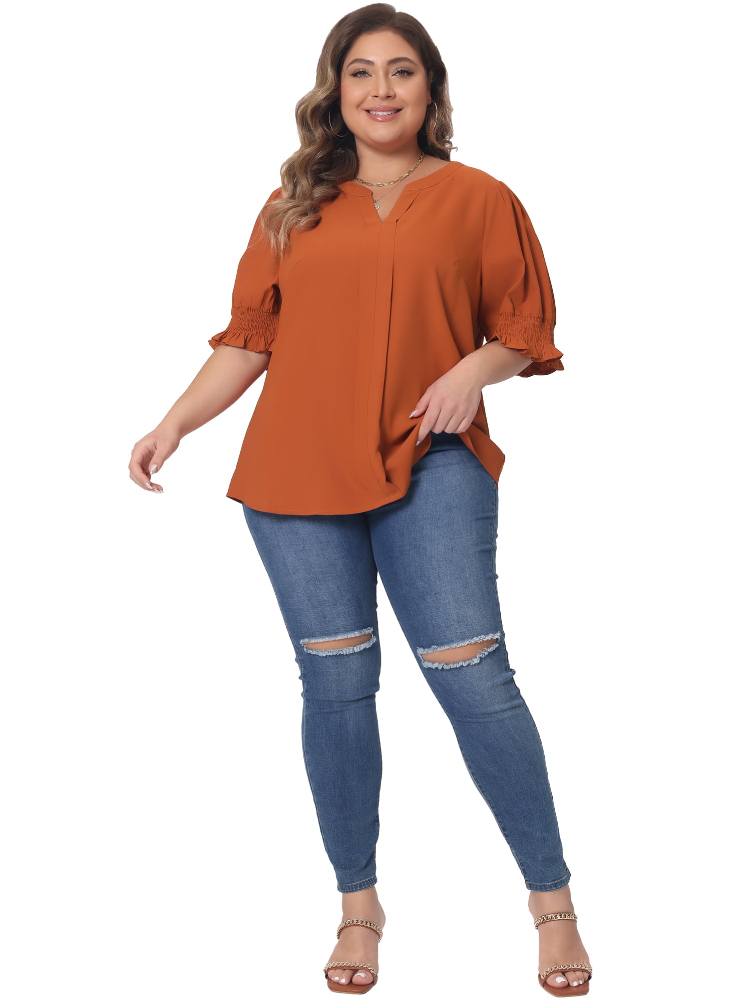 DARING DIVA Women's Plus Top Notched V Neck Puff Blouse Tops 3X Orange