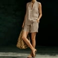 thumbnail image 4 of Mifsaly Linen Short Sets for Women Sleeveless V Neck Lapel Tops and Elastic Waist Shorts Casual Summer Vacation Beach Loungewear with Pockets Khaki,XL, 4 of 7
