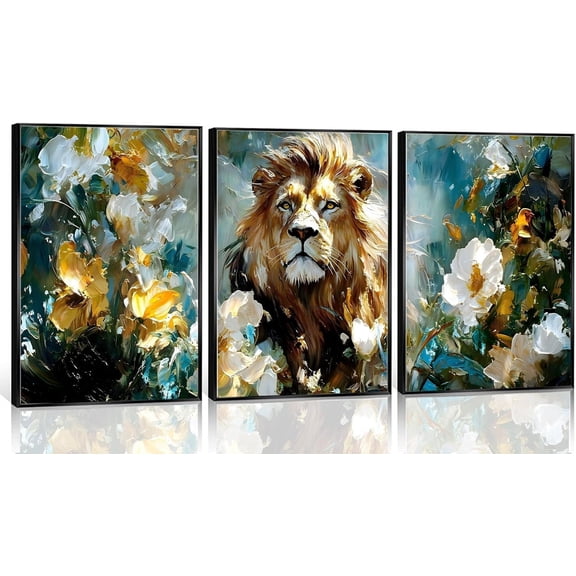 Hieng 3pcs Lion Wall Art Modern Nature Canvas Prints Posters,Male Lion and Plants Flowers Watercolor Paintings Pictures Abstract Realistic Wall Decor, Suitable for All Home Decoration Unframed