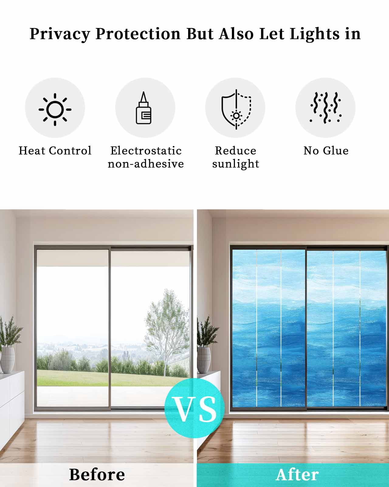 Window Privacy Film Blue Summer Ocean Stained Glass Window Film Decorative Sun Block Window Cover Modern Abstract Coastal Wave Window Clings Static Adhesive Sticker for Bathroom 23.6"x59"