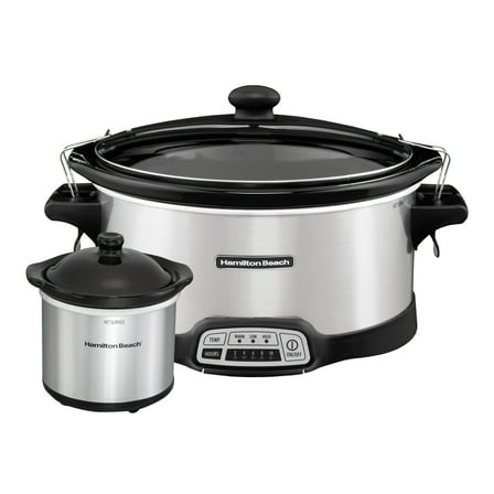 Hamilton Beach 7 Qt Programmable Slow Cooker, Stoneware Crock with Removable Pot, Includes Party Dipper Food Warmer, Stainless Steel