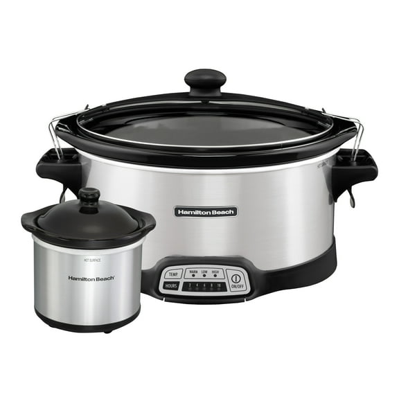 Hamilton Beach 7 Qt Programmable Slow Cooker, Stoneware Crock with Removable Pot, Includes Party Dipper Food Warmer, Stainless Steel