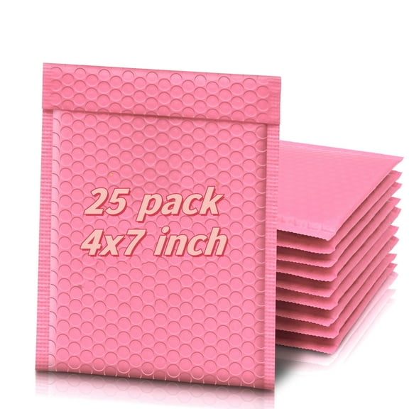25 Pcs Bubble Mailers 4x8" Self Sealing Padded Mailers, Waterproof Cushioning Padded Envelopes, Strong Adhesion Shipping Envelopes with Bubble Wrap, Usable Size 4x7", Pink