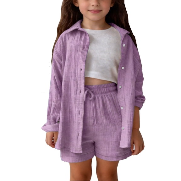 Amidoa Girls 2 Piece Outfits Summer Clothes Soft Long Sleeve T Shirts and With Pockets Casual Shorts Kids Clothing Sets Purple Size 4T