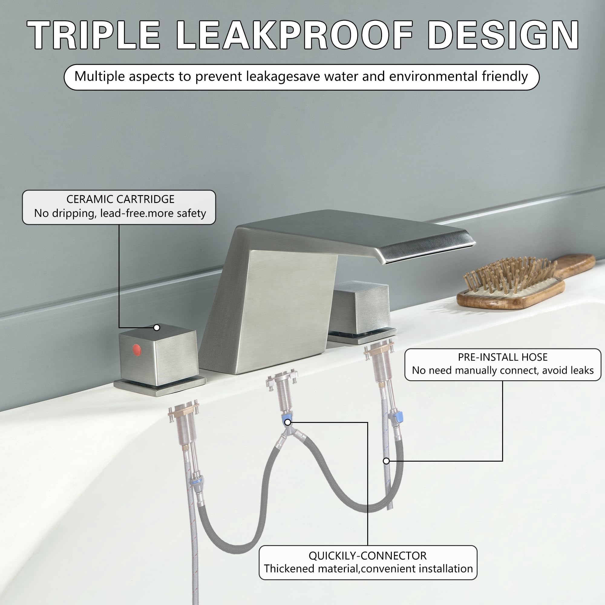 Roman Tub Faucet Brushed Nickel Deck Mount Bathtub Set 2 Handle High Flow Waterfall 3 Hole
