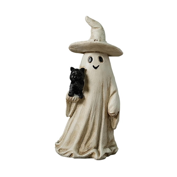 Halloween Ghost Decorations, Cute Ghost Decor with Black Cat, Vintage Witch Hat Halloween Statue, Indoor Halloween Home Decor for Mantel Table Bedroom, 1 Pack