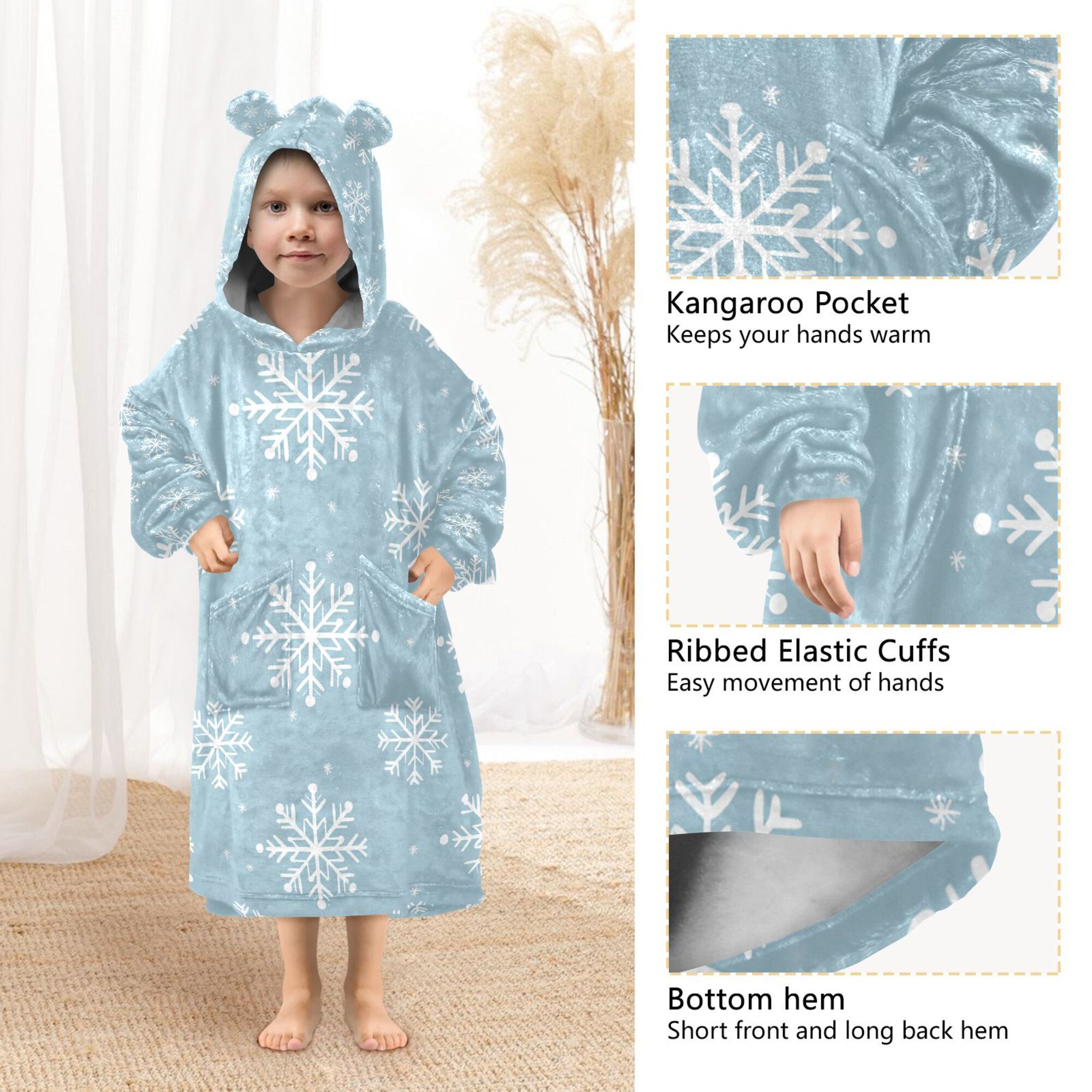 FORMRS Wearable Blanket Hoodie with Sleeves for Kids Cozy Flannel Sweatshirt, Gray Snowflake