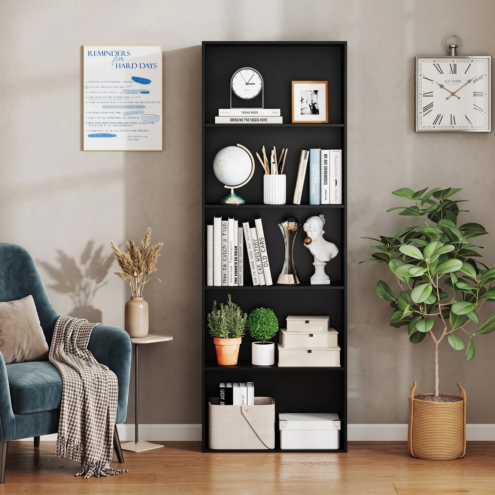 Furnibear 5-Tier Bookshelf, 67 Inch Modern Wood Storage Bookcase, Multi-Functional Display Cabinet with 2 Anti-Tipping Kits for Living Room, Bedroom, Home Office and