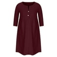 thumbnail image 4 of Robe en Lin de Coton pour Femmes Manches 3/4 Bouton Col en V Robe Midi Unie Décontractée Ample Automne Robe Droite avec Poches, 4 of 7