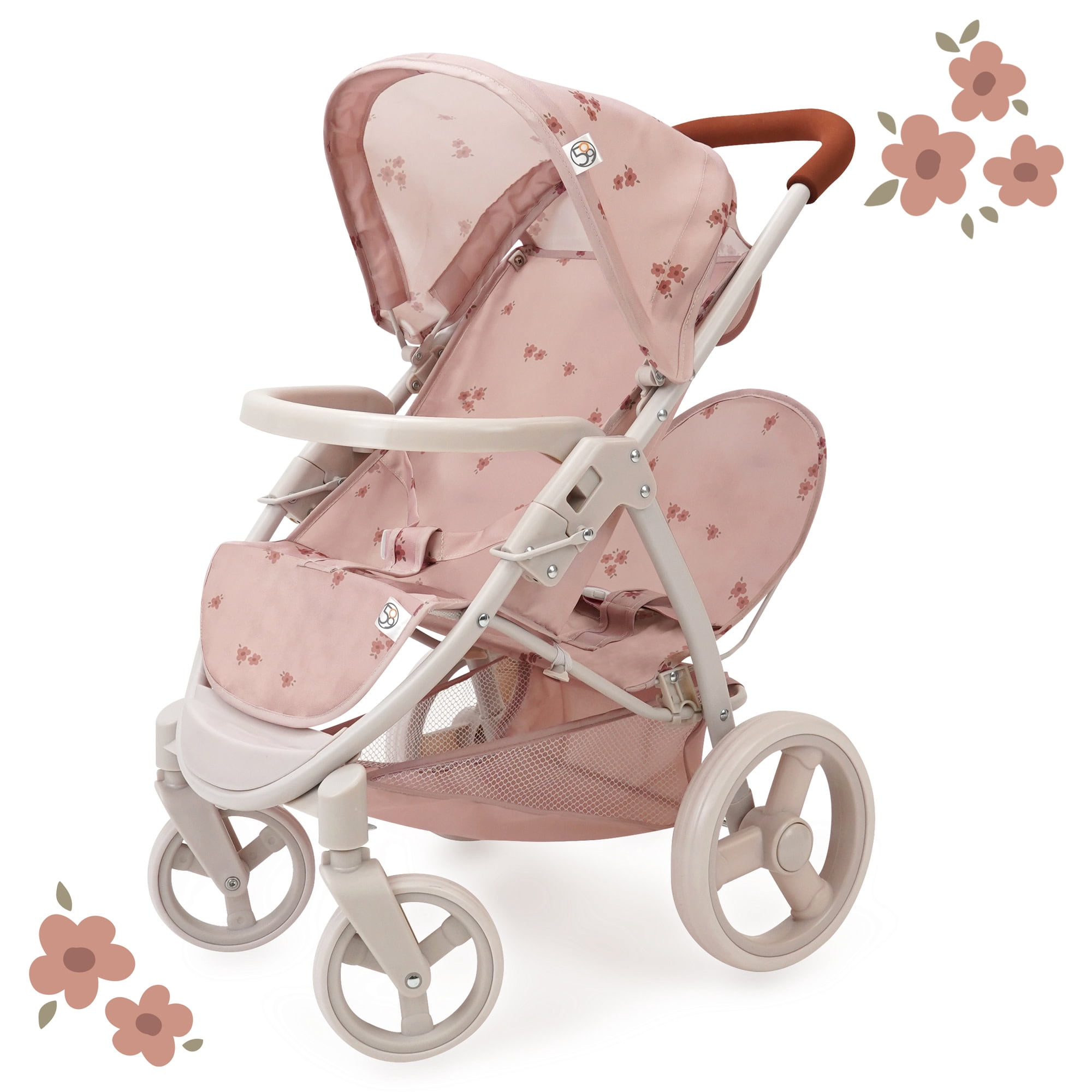 509 Crew: Ballet Flora - Mabelle Duo Twin Doll Stroller - Soft Pink & Flowers, Sun Canopy, Storage Basket, Foldable, Doll Care Accessory Toy, Kids 3+