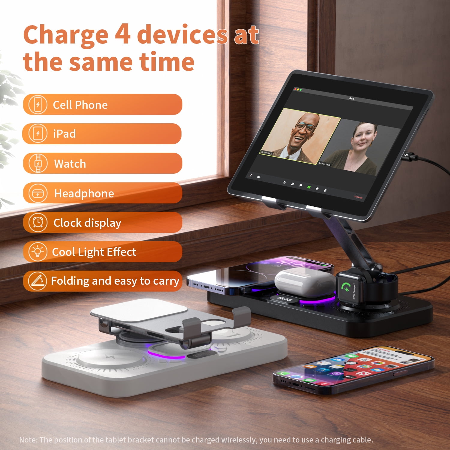 Tancola 45W 6 in 1 Foldable Wireless Charger Station with Clock & Light for  Iphone, Ipad ,iWatch,Airpod or tablet