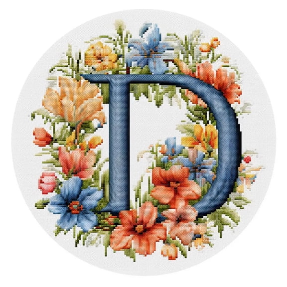 Letter D in Flowers Stamped Cross Stitch Kits for Beginners Easy with Hoop 11CT Needlepoint Embroidery DIY Counted Cross Stitch Kits Art Craft Wall Decor 35x35cm(2)