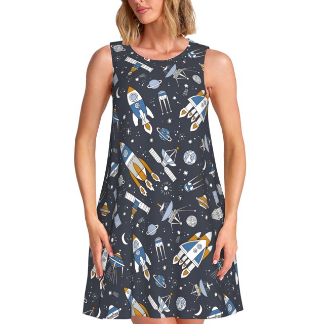 Disketp Space Cars para Vestido sin Mangas para Mujeres, Vestidos de Verano para Mujeres, Casual y Holgado para la Playa
