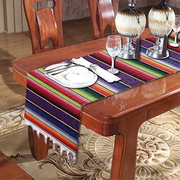 kspowwin mexican serape table runner 14 x 84 inch for mexican party wedding decorations, fringe
