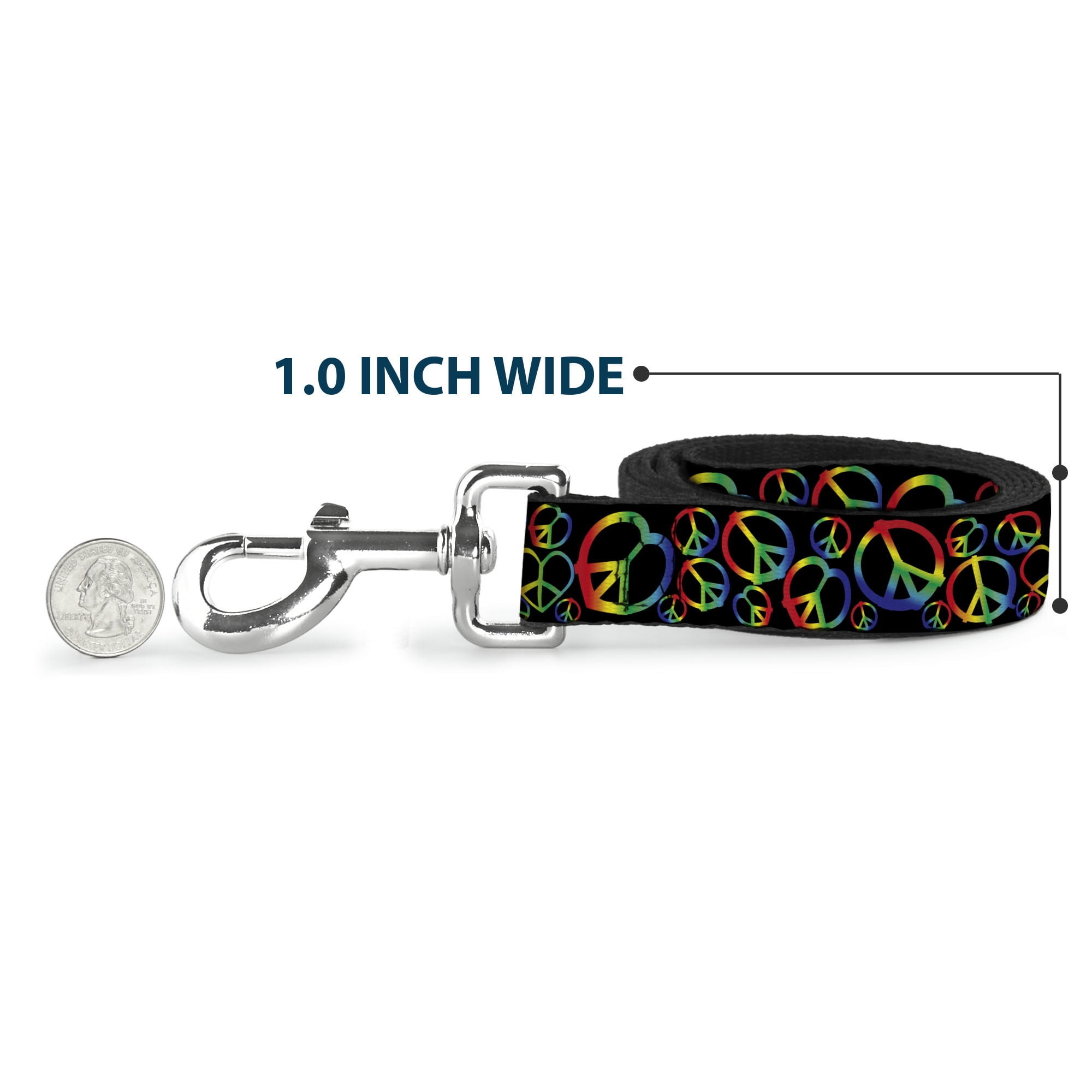 Buckle-Down Pet Leash, Dog Leash, Peace Heart Black Rainbow Ombre, 6 Feet Long 1.0 Inch Wide