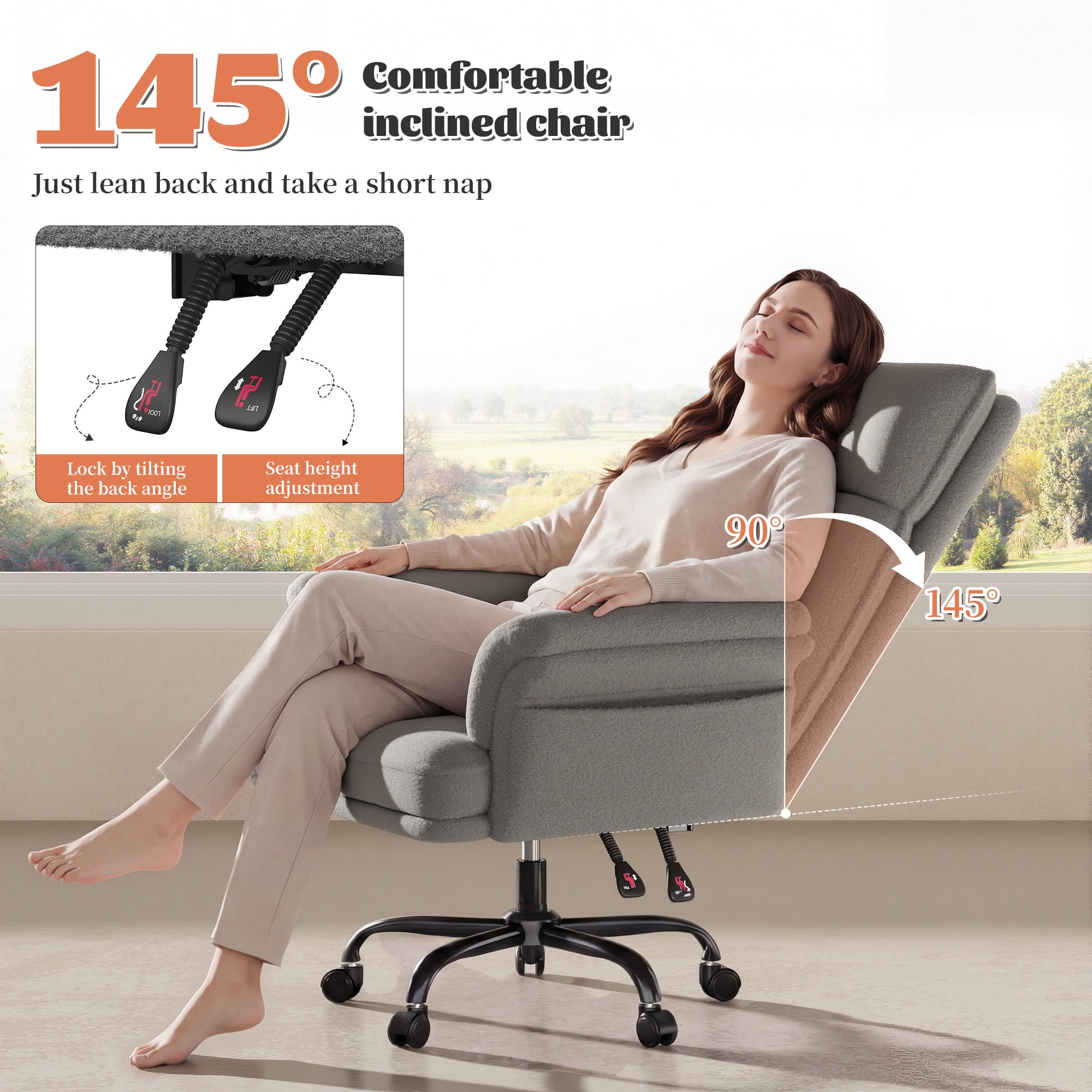 Romorgniz Criss Cross Chair with Armrests & Wheels Ergonomic Computer Gaming Chair with Two Side Pockets Teddy Plush Wide Seat Reclining Desk Chair for Home Office, Gray