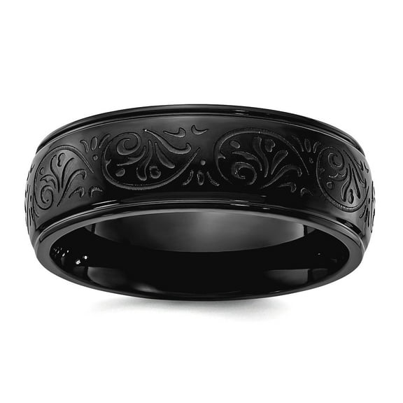 Stainless Steel Polished Black Ip Etched Design Ridged Edge 7.5mm Band Size 12 Ring for Women and Men