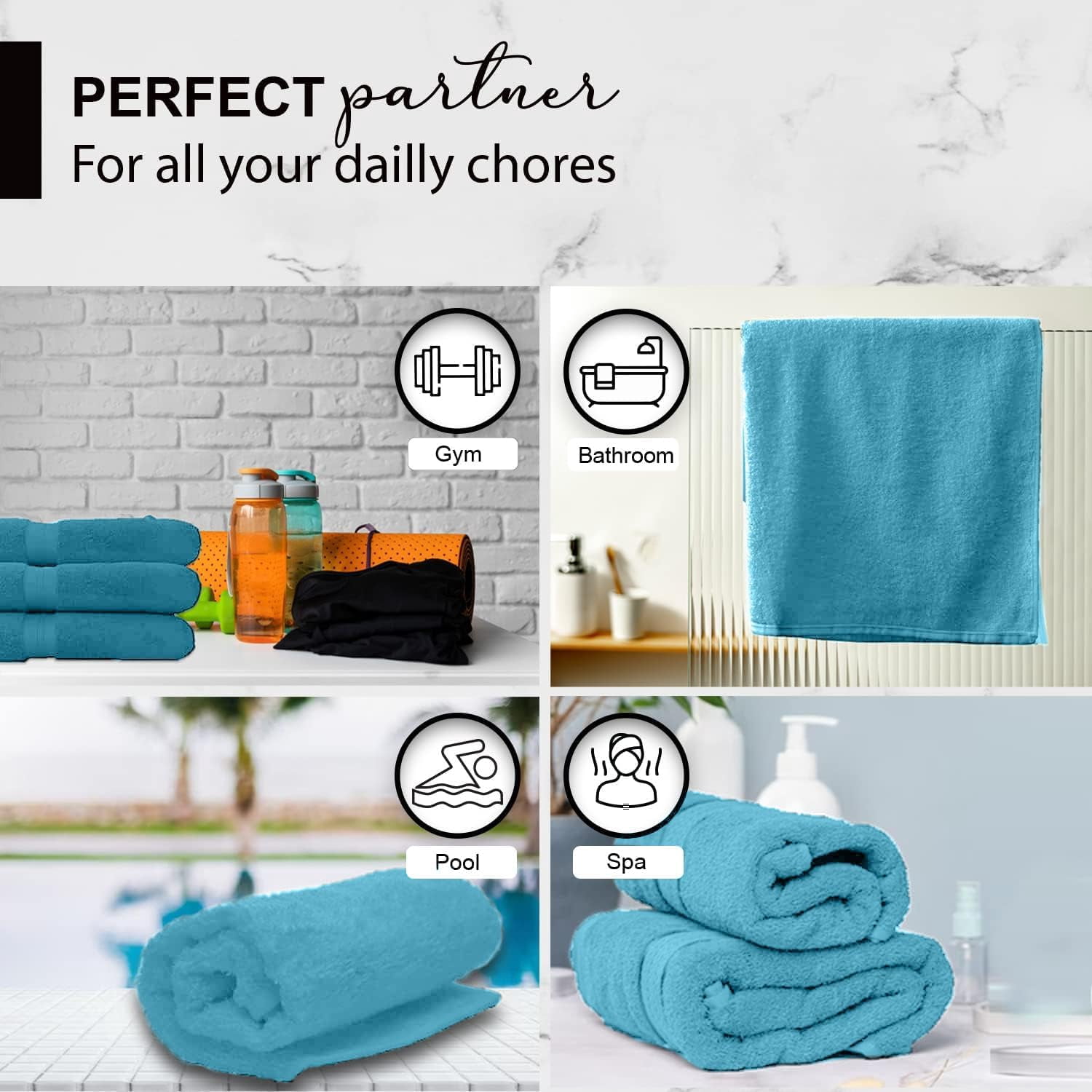 KAHAF COLLECTION 100% Cotton Bath Towels, 24x48 Pack of 6 Towels, Quick Dry, Highly Absorbent, Soft Feel Towel, Gym, Spa, Bathroom, Shower, Pool, Luxury Soft Towels (Aqua, 24x48-6 Pack)