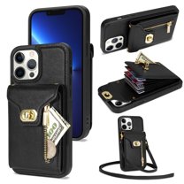 Dteck for Apple iPhone 13 Pro Max Zipper Pocket Case, Flip PU Leather Wallet Crossbody Shoulder Strap Lanyard Case with Credit Card Holder Women RFID Blocking Protective Purse Cover, black