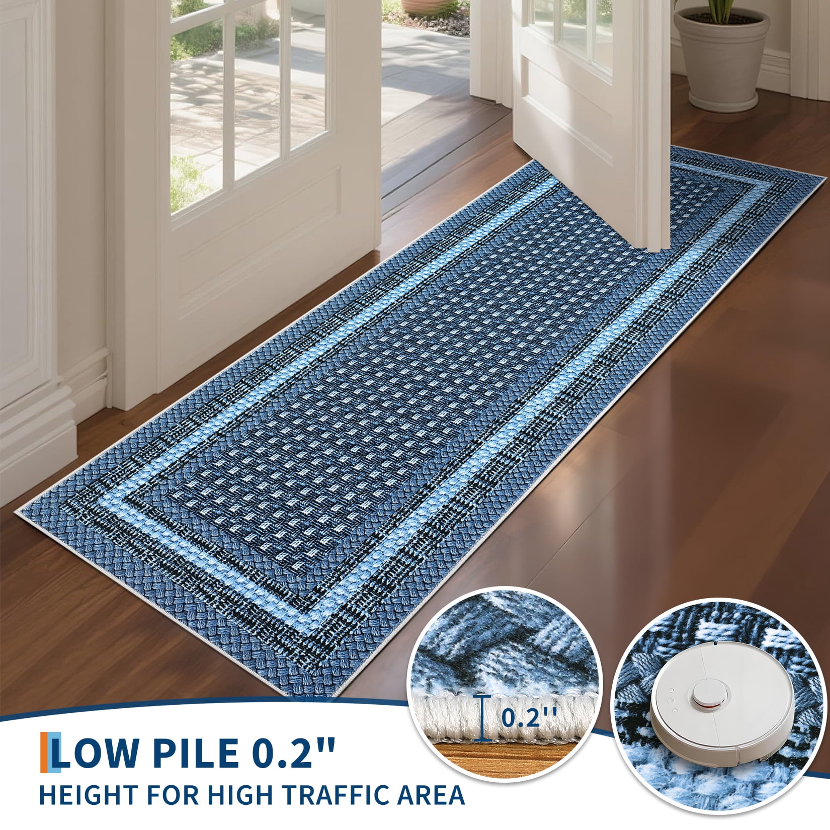 Garvee 5'x7' Bordered Print Area Rug Washable Rugs, Non Slip Modern Geometric Rug Stain Resistant Indoor Carpet for Living Room Bedroom Dining Room, Blue
