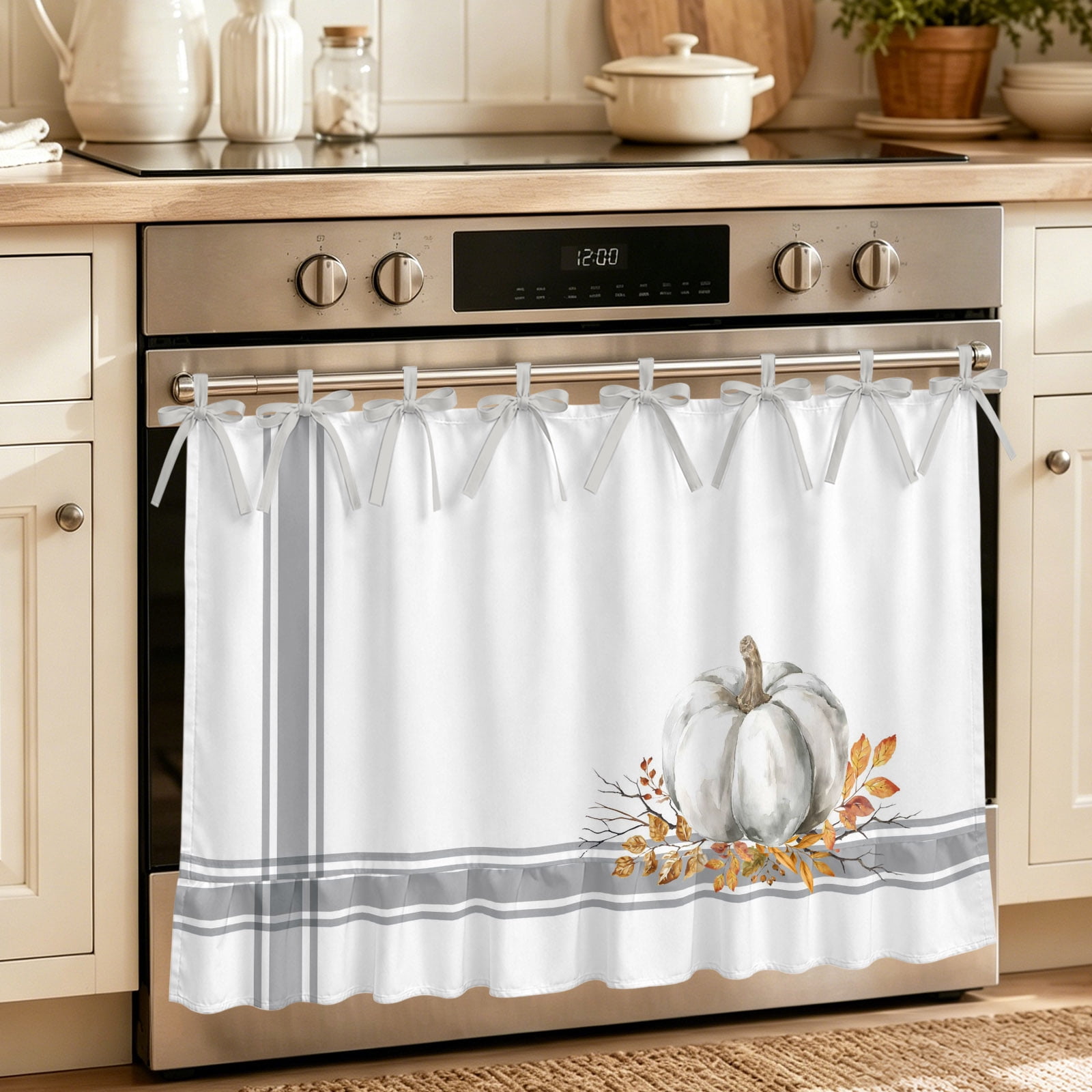 Oven Curtain for Kitchen Fall Retro Pumpkin Orange Maple Leaf Stove Curtain With Ruffled Trim Dishwasher Curtains Grey Stripe Happy Thanksgiving Oven Skirt 32 x24