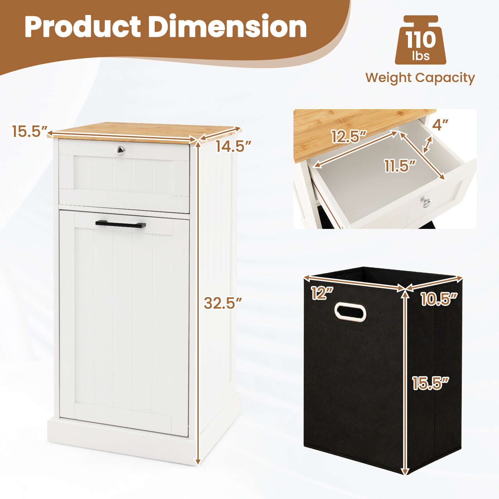 Amijoy Laundry Cabinet Freestanding Tilt Out Laundry Hamper w/ Basket Drawer Organizer, Freestanding Laundry Hamper Cabinet for Bathroom