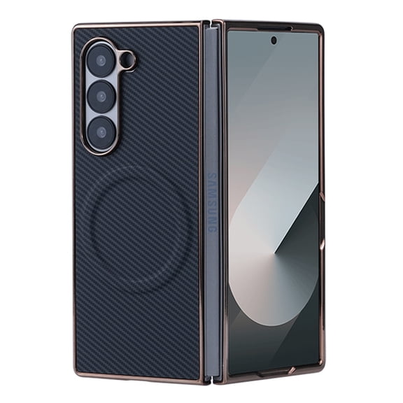 Case for Samsung Galaxy Z Fold 6, Ultra Slim Carbon Fiber Texture Protective Cover with Plating Frame Shockproof Lightweight Anti-Slip, Compatible with MagSafe for Galaxy Z Fold 6, Black