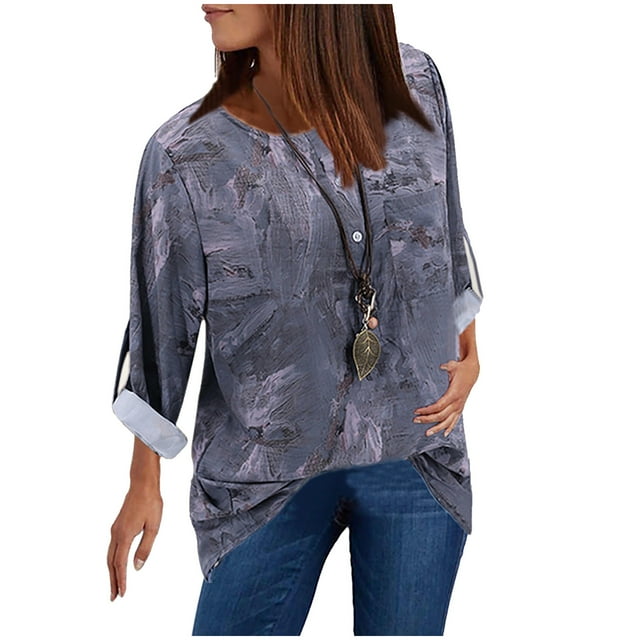 Mode Femmes Décontracté Vintage Imprimé Col en V Manches Longues Chemise Blouse Hauts