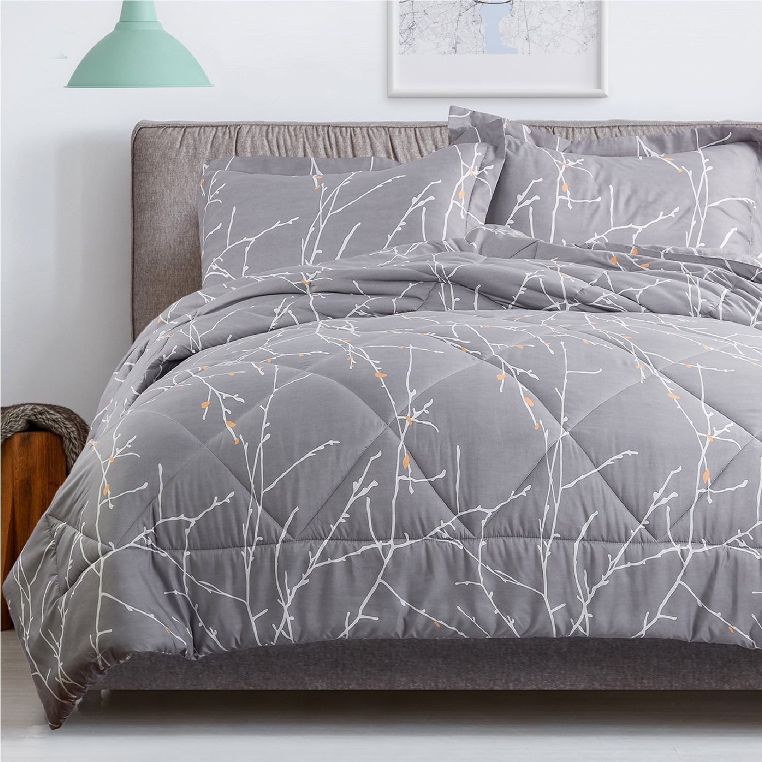 Bedsure Comforter Set Queen Size Grey/&Ivory Reversible Down Alternative Comforter Microfiber Duvet Insert Sets Tree Branch Floral 1 Comforter + 2 Pillow Shams