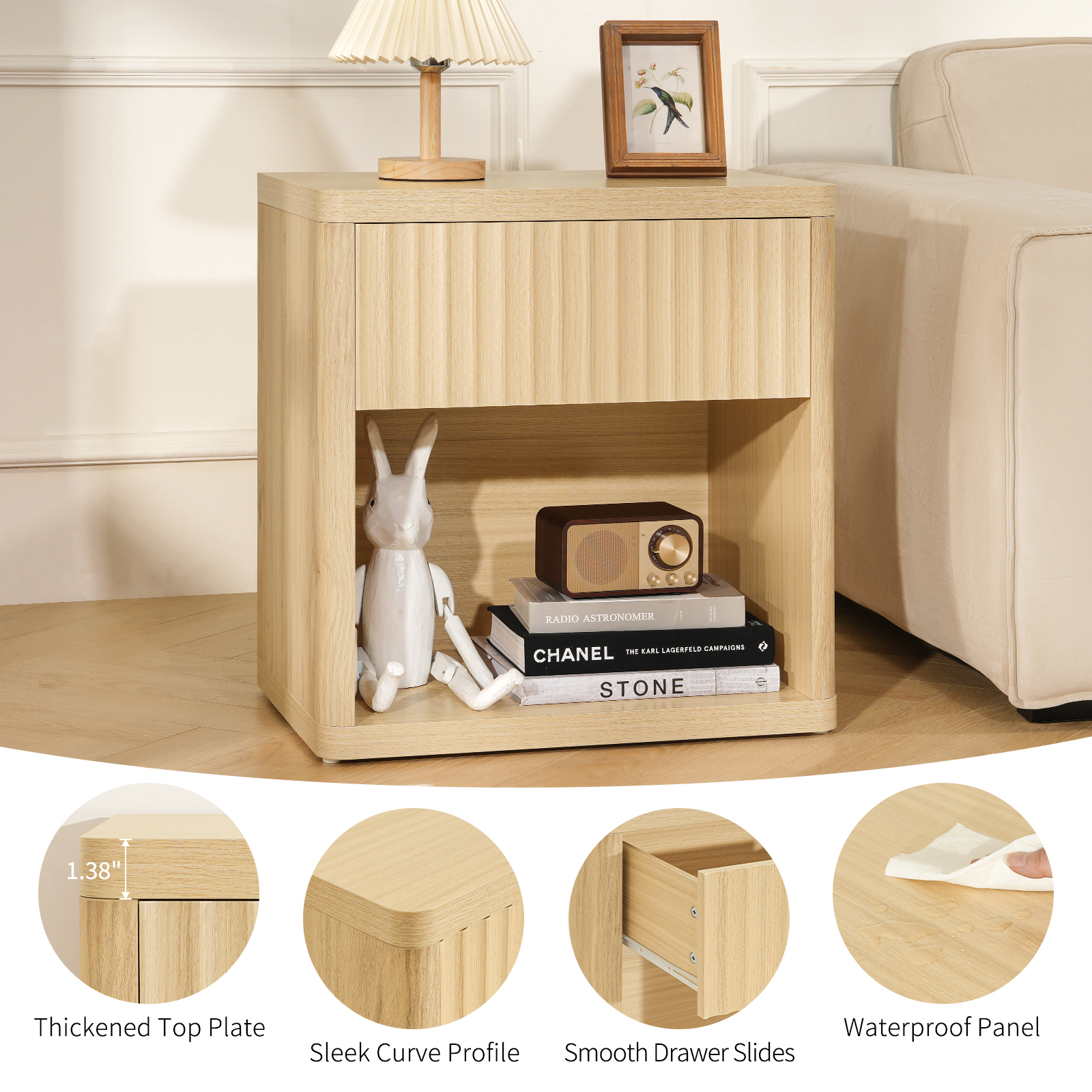 Fluted Nightstand with Drawer, Bedside Tables with Open Storage, Large Wood Night Stand for Bedroom Living Room, Natural