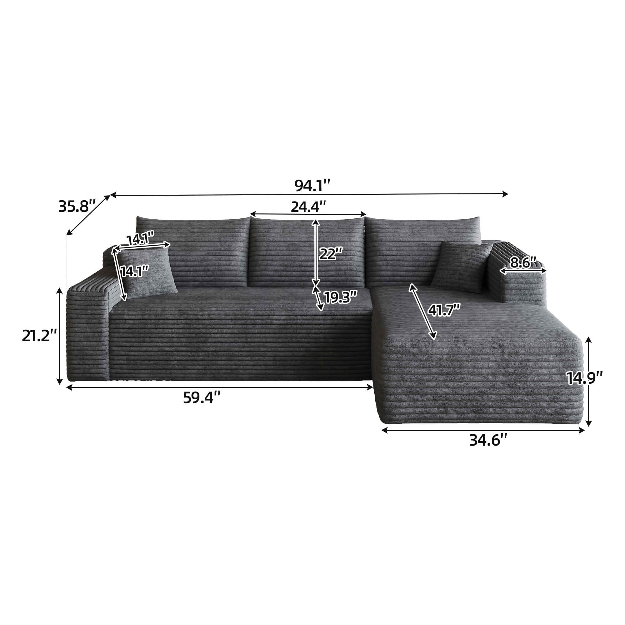 MAYEERTY 95 Inch L‑Shaped Cloud Sectional Sofa, Modern Minimalist Deep‑Seat Corner Couch, Plush Corduroy Upholstered Reversible Sofa, No‑Assembly Required for Living Room Bedroom Apartment