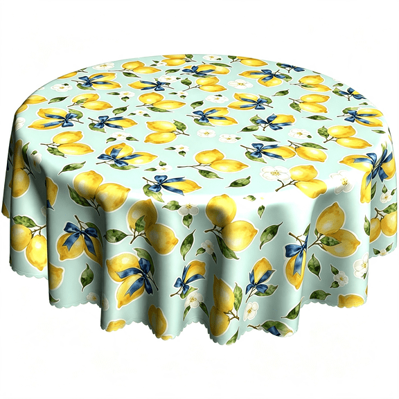 Odenmar 60 inch Round Tablecloth, Lemon Blossom Bow Print Polyester Cover for Dining Kitchen Party Farmhouse Home Decor