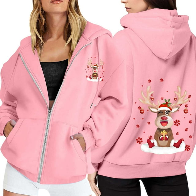 WILLBEST Sudadera de Mujer con Estampado Navideño, Cremallera, Manga Larga, Bolsillo, Cordón Ajustable y Capucha Informal 2212 Grande